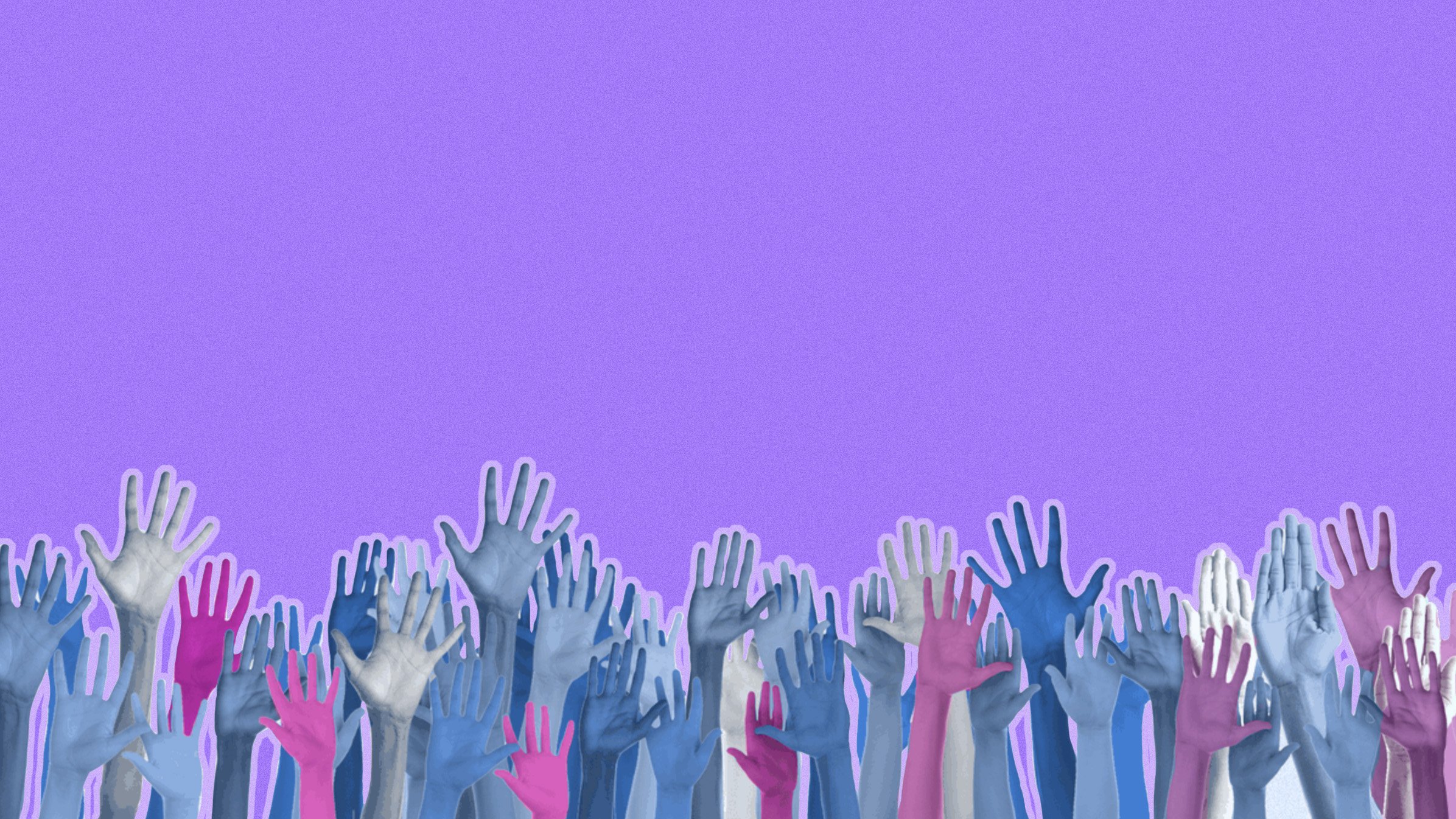 Multi-colored hands raised in unison